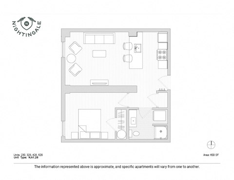 Floor plan for 1 bed, 1 bath, 600 sqft
